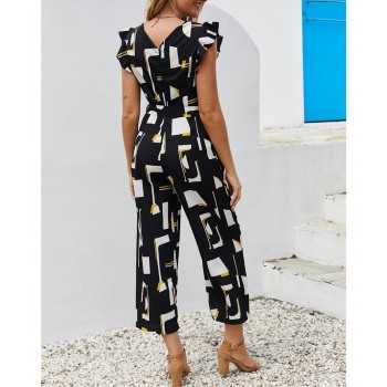 2019 Summer Black Print Jumpsuit Women Streetwear O-Neck Ruffles Sleeve Pocket Casual Rompers Women Sashes Overall Jumpsuit